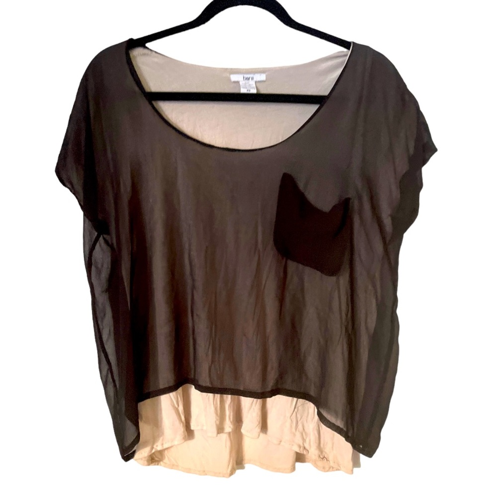 Bar III Flowy Sheer Overlay Black/Cream Short‎ Sleeve Blouse Size XS